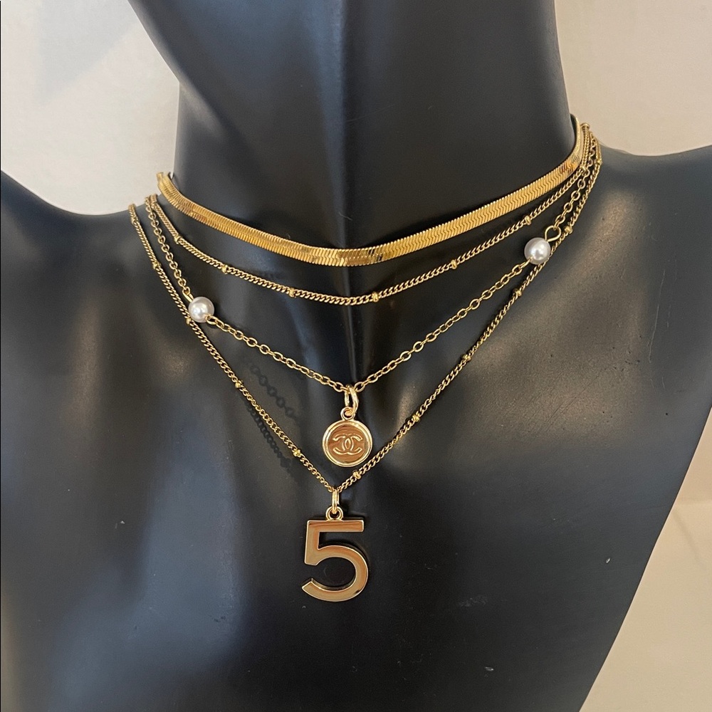 CHANEL Gold Multi-Layer Necklace with Number 5 Charm